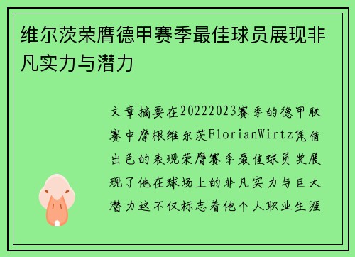 维尔茨荣膺德甲赛季最佳球员展现非凡实力与潜力